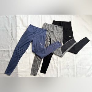 3 Pack Puma Moto Leggings Mesh Detail Blue, Grey, and Black size M